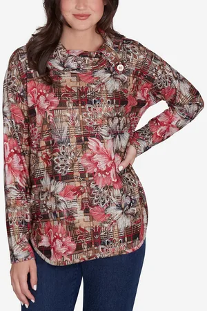 RUBY Petite Cowl Neck Floral Plaid Printed Hatchi Knit Top