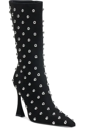 Jeffrey Campbell Fancy-u Mid-Shaft Studded Dress Booties - Black Suede/Silver