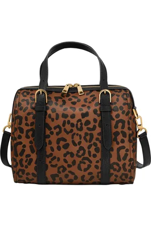 Fossil Carlie Leather Small Satchel Bag - Black/Leopard