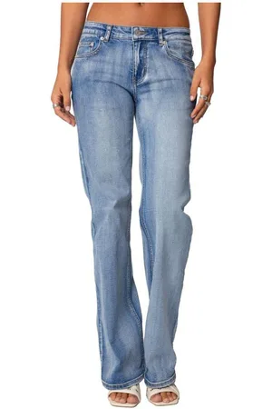 Edikted Womens Boot Cut Washed Low Rise Jeans