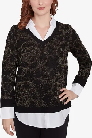 RUBY Petite Metallic Floral Layered Shirt Collar V-Neck Sweater - Black/Gold