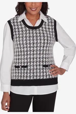 Alfred Dunner Petite Runway Ready Collared Houndstooth Vest Two in One Sweater
