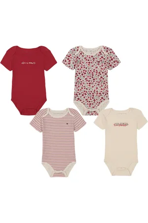 Tommy Hilfiger Baby Girl Floral-Stripe Short Sleeve Bodysuits, 4-Pack - Jester Red/Grecian Clay/Print