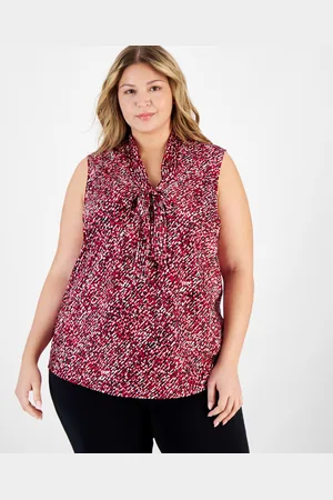 Kasper Plus Size Printed Sleeveless Tie-Neck Blouse
