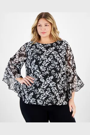 Kasper Plus Size Printed Crewneck Ruffle-Sleeve Blouse - Blk/vanilla Ice Mlt