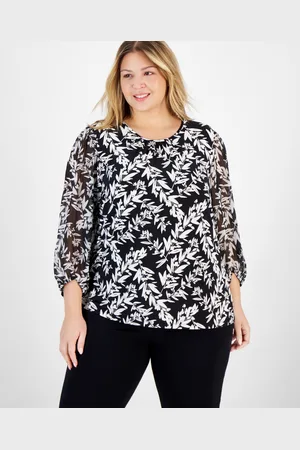 Kasper Plus Size Leaf-Print Shirred-Neck Blouse - Black/vanilla Ice