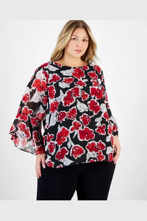 Kasper Plus Size Floral-Print Ruffle-Sleeve Blouse