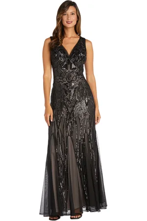R & M Richards Petite Sequinned-Pattern Evening Gown - Black/Nude