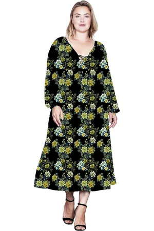 Standards & Practices Plus Size Floral-Print Sheer Sleeve Midi Dress