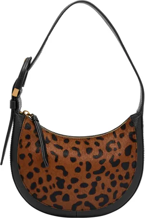 Fossil Harwell Leather Crescent Shoulder Bag - Black/Leopard