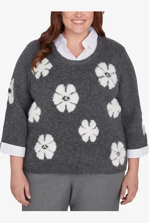 Alfred Dunner Plus Size Copenhagen Floral Collared Two in One Sweater