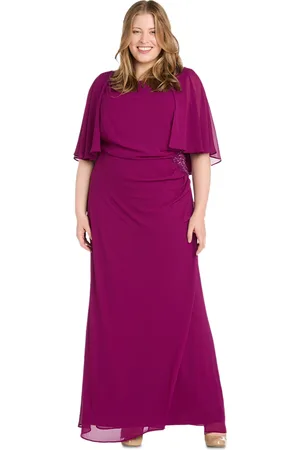R & M Richards Plus Size Cape-Sleeve Embellished-Waist Gown