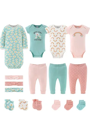 The Peanutshell Baby Girls Carefree Floral Newborn Layette Set Girls, 16-Pieces, Pink/Aqua