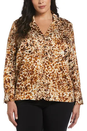 Rafaella Plus Size Animal Print Shine Satin Long Sleeve Blouse