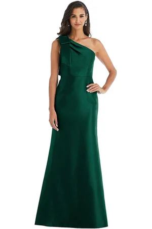 Alfred Sung Plus Size Bow One-Shoulder Satin Trumpet Gown