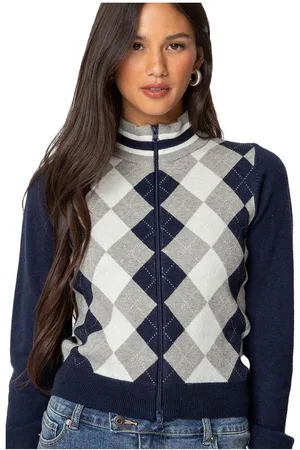 Edikted Womens Madisen Argyle Knit Cardigan