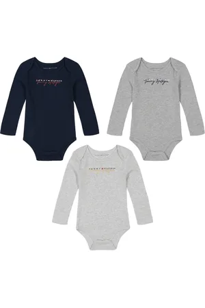 Tommy Hilfiger Baby Boy Solid Logo Long Sleeve Bodysuits, 3-Piece Set - Navy Blazer/Icy Heather/Heather Mist