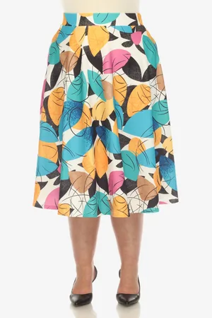 White Mark Plus Size Leaf Print Vintage Flared Midi Skirt