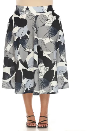 White Mark Plus Size Leaf Print Vintage Flared Midi Skirt