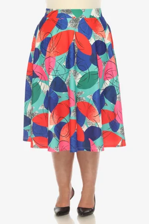 White Mark Plus Size Leaf Print Vintage Flared Midi Skirt