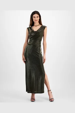 Connected Petite Cowlneck Metallic-Threaded Evening Gown