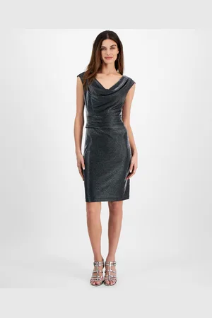 Connected Petite Cowlneck Metallic-Threaded Cocktail Dress