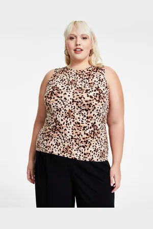 Bar Iii Trendy Plus Size Cheetah-Print Sleeveless Jersey Crewneck Top, Created for Macy