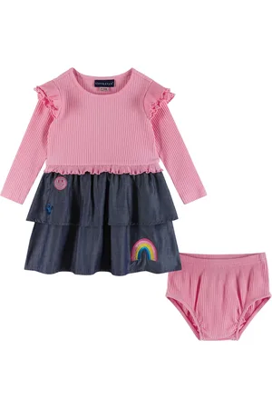 Andy & Evan Baby Girls Pink Rib Knit Top w/Attached Chambray Tiered Skirt Set