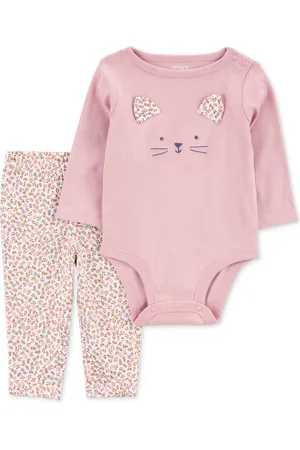 Carters Baby Girls Cotton Cat Bodysuit & Printed Pants, 2 Piece Set - Pink/Cat