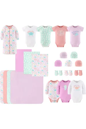 The Peanutshell Baby Layette Gift Set for Baby Girls, Ocean Flower, 23 Essential Pieces, 0-3 Months - Pink/aqua/coral