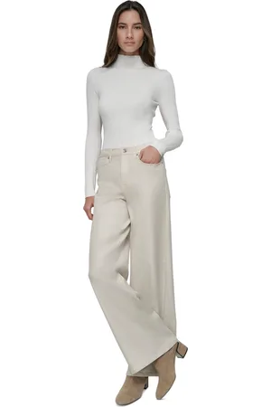DKNY Petite High-Rise Wide-Leg Pants - Ecru/Silver Metallic Coating