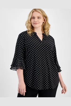 Kasper Plus Size Dot-Print Flutter-Sleeve Blouse - Black/vanilla Ice