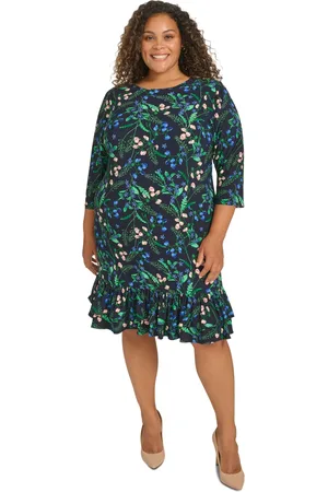 Tommy Hilfiger Plus Size Printed Round-Neck Ruffle-Hem Dress