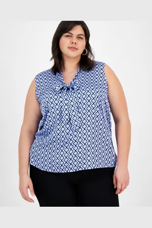 Kasper Plus Size Satin Sleeveless Tie-Neck Blouse - California Sky/black