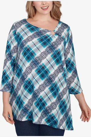 RUBY Plus Size Ring Neck Plaid Hatchi Knit Top