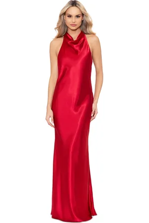 Betsy & Adam Petite Drape-Neck Halter Charmeuse Gown