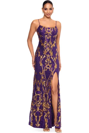 Betsy & Adam Petite Scoop-Neck Beaded Sequin Gown - Purple/Gold