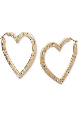 Karl Lagerfeld Gold-Tone Mixed Cut Stone Red Resin Heart Medium Hoop Earrings, 1.85"