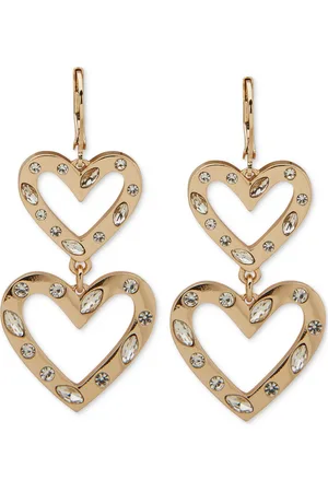 Karl Lagerfeld Gold-Tone Mixed Cut Stone Red Resin Double Heart Drop Earrings