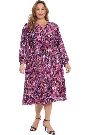 London Times Plus Size Printed Smocked-Waist Dress