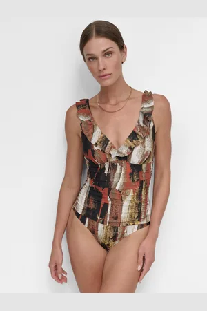 DKNY Ruffle Plunge Underwire Tummy Control One-Piece Swimsuit, Created for Macy