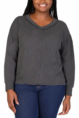 24Seven Comfort Apparel Plus Size Fit Ribbed Knit V-Neck Top