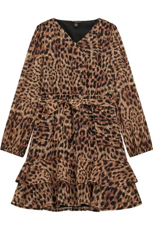 Guess Big Girls Leopard Chiffon Long Sleeve Dress with Removable Belt