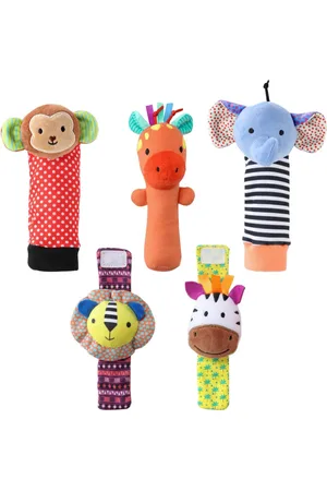 The Peanutshell Safari Baby Rattle Socks and Wrist Rattle Set, 5 Piece