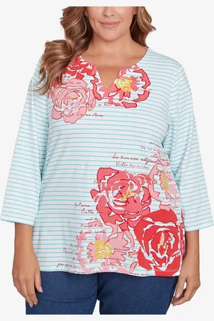 RUBY Plus Size Floral Embroidered Script Stripe Top