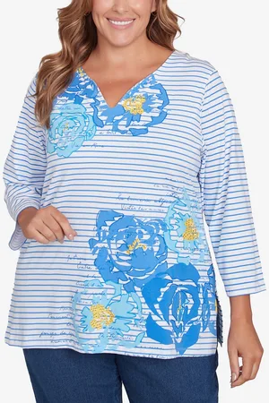 RUBY Plus Size Floral Embroidered Script Stripe Top
