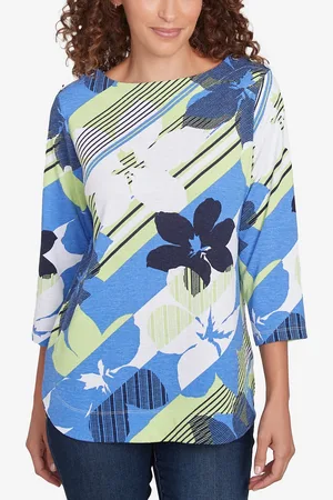 RUBY Petite Diagonal Striped Floral Three Quarter Sleeve Top