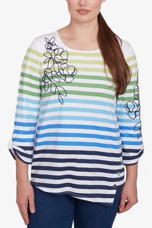 RUBY Petite Striped Embellished Three Quarter Sleeve Top