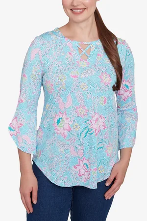 RUBY Petite Cloisonne Floral Puff Print Three Quarter Sleeve Top