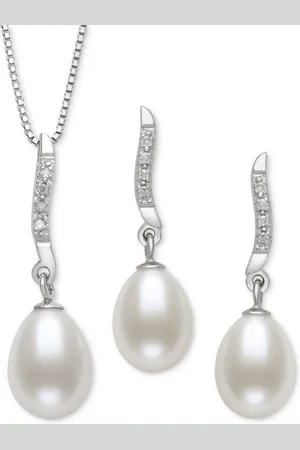 Belle De Mer 2-Pc. Set Cultured Freshwater Pearl (7-8mm) & Lab Created White Sapphire (1/3 ct. t.w.) Pendant Necklace & Matching Drop Earrings in Ster